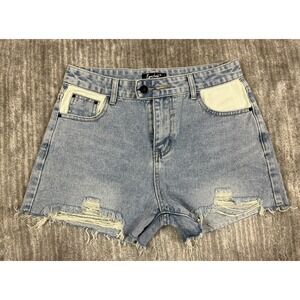Eyeshock Denim Shorts Womens 32 Blue Distressed High Rise Cut Off Frayed Hem